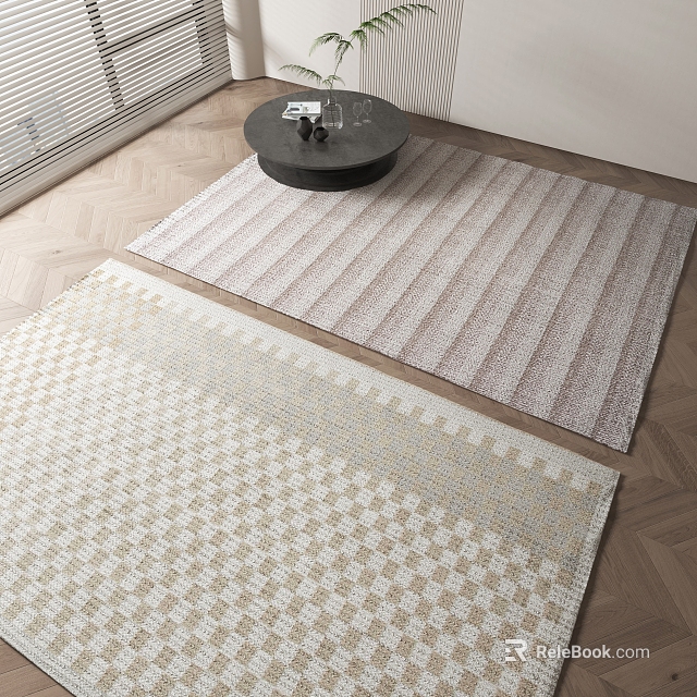 Square Rugs Featuring Checkerboard And Striped Patterns Light Beige White Light Brown On Wooden Floor 3d model 