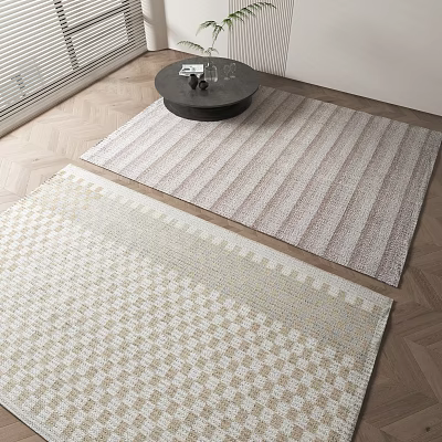 Square Rugs Featuring Checkerboard And Striped Patterns Light Beige White Light Brown On Wooden Floor 3d model