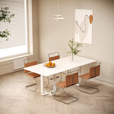 Modern White Dining Table Set With Four Chairs Fruit Bowl Vase Plants And Bright Interior 3d model