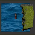 Vintage Wooden Tugboat Sailing On Blue Water Near Rocky Hills With Green Moss
