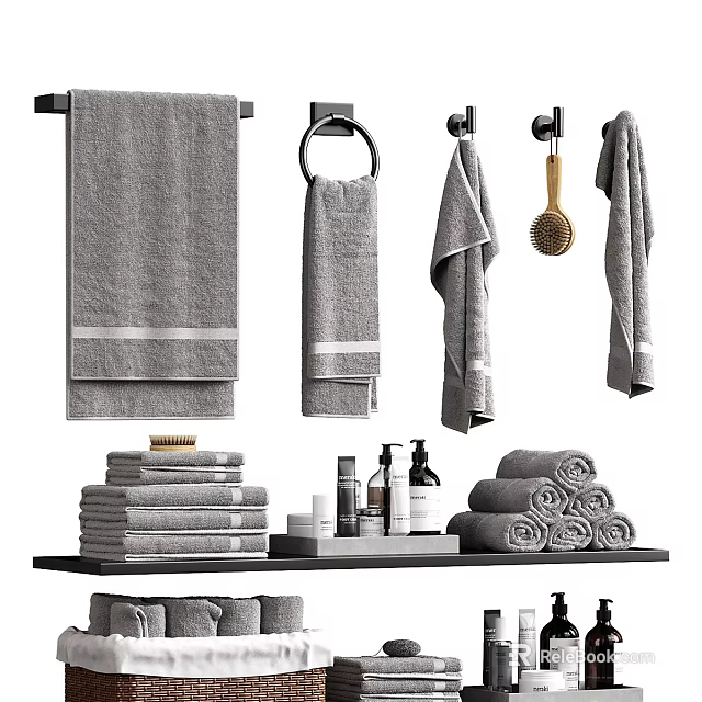 Gray Bath Towels Hanging And Folded With Bathroom Accessories On Shelf 3d model 