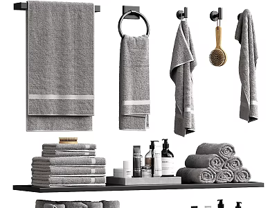 Gray Bath Towels Hanging And Folded With Bathroom Accessories On Shelf 3d model