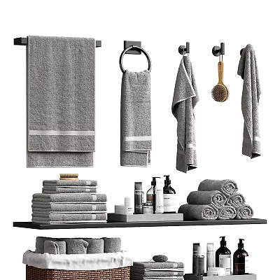 Gray Bath Towels Hanging And Folded With Bathroom Accessories On Shelf 3d model