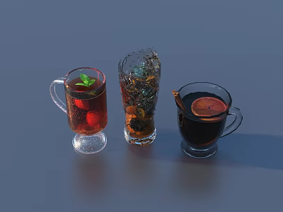 Three Assorted Refreshing Beverages in Glasses with Strawberries Mint Ice and Lemon Slice 3d model
