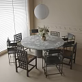 Round Dining Table Set with Flower Vase Surrounding Chairs Window and White Lantern Light 3d model