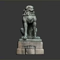 Ornate Bronze Lion Statue Standing on Carved Stone Base with Intricate Details