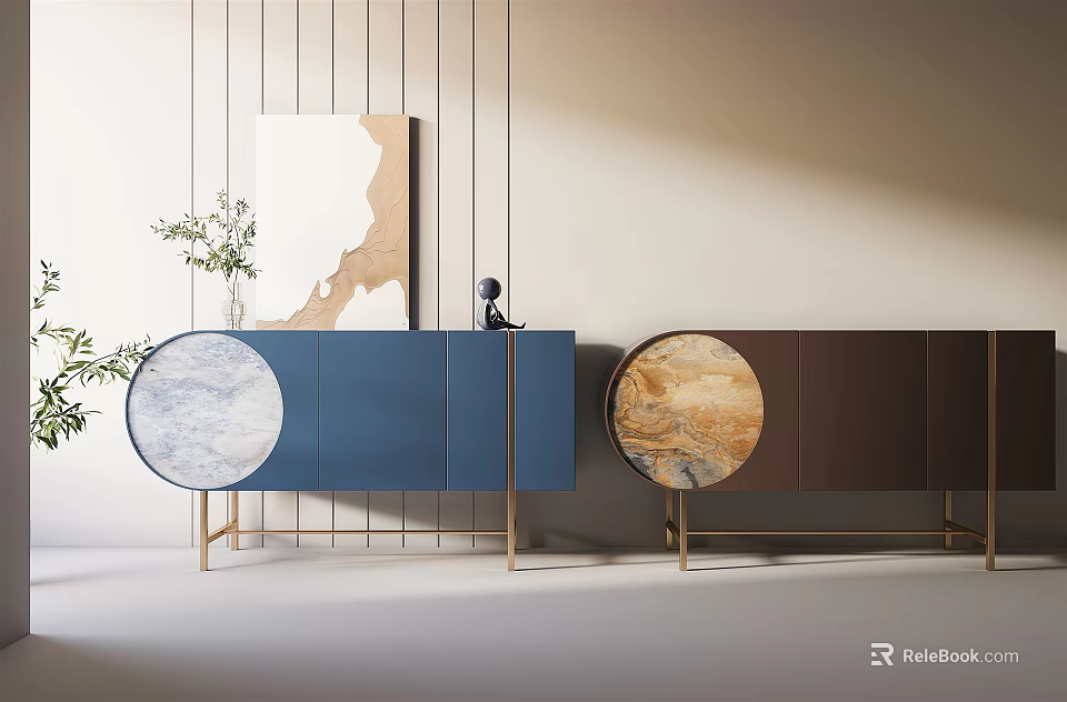 Elegant Modern Console Cabinet With Circular Marble Panels And Golden Legs 3d model 