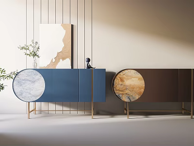 Elegant Modern Console Cabinet With Circular Marble Panels And Golden Legs 3d model