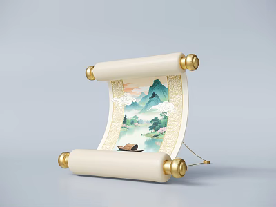 Inflatable Scroll Decoration With White Body Golden Rollers And Traditional Landscape Pattern 3d model