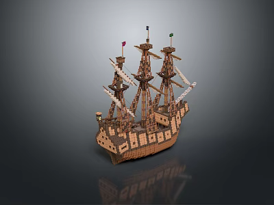 Detailed Wooden Sailing Ship Model With Multiple Masts Colorful Flags And Intricate Hull 3d model