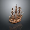 Detailed Wooden Sailing Ship Model With Multiple Masts Colorful Flags And Intricate Hull