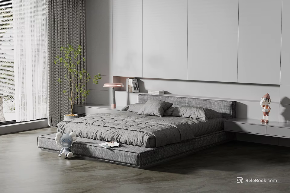 Modern Bedroom Interior With Grey Double Bed Nightstand Table Lamp Green Plant And Curtain 3d model 