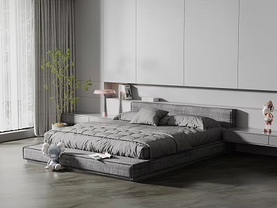 Modern Bedroom Interior With Grey Double Bed Nightstand Table Lamp Green Plant And Curtain 3d model