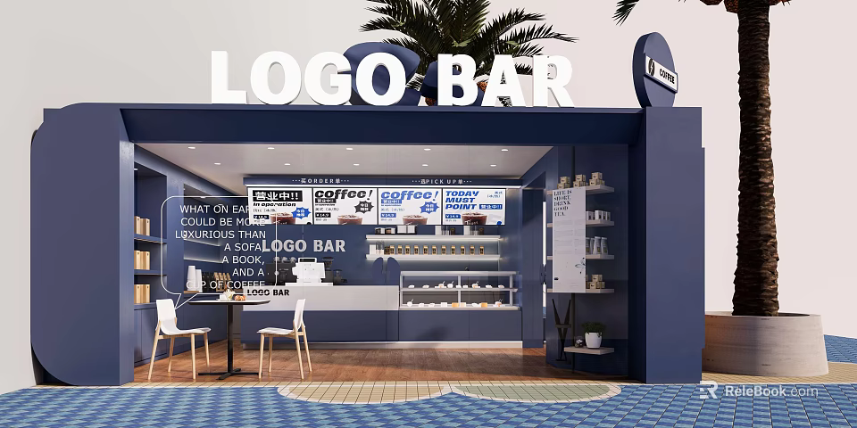 Logo Bar Interior With Blue Design Tables Chairs Coffee Tea Smoothies 3d model