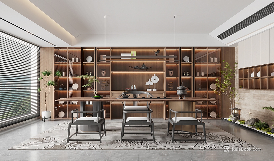 Modern Open Tea Room with Wooden Bookshelves Tea Sets Tables Chairs Green Plants Pendant Lights 3d model 