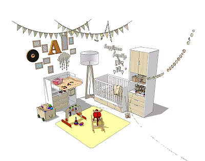 Cozy Baby Crib Room With Bunting Flags Letter A Decor Floor Lamp And Toys 3d model