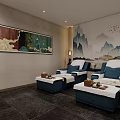 SPA Sauna Interior Design With Comfortable Lounge Chairs Decorative Wall Stone Flooring And Soft Lighting