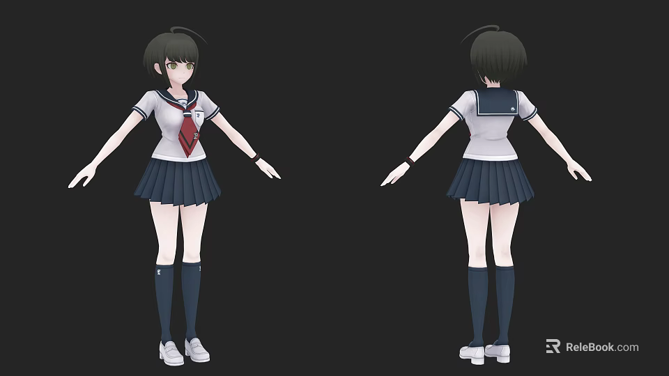 Woman In Sailor Uniform Front Back Views With White Top Dark Skirt And Long Socks 3d model 