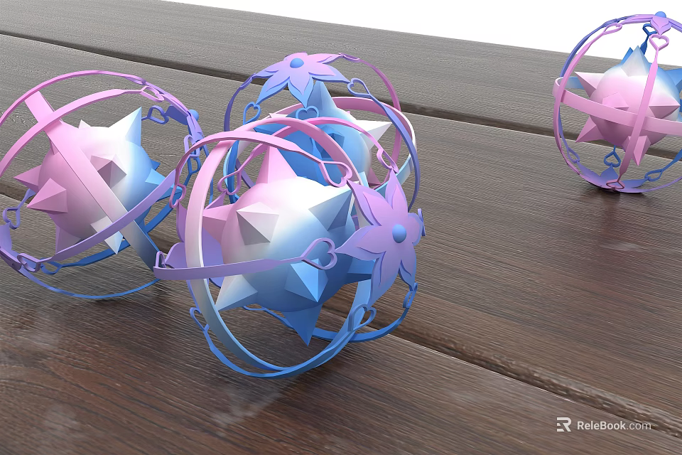 Star Shaped Weapon Models In Pink Blue Purple With Metal Ring On Wooden Table 3d model 