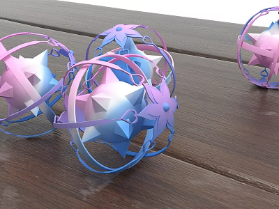 Star Shaped Weapon Models In Pink Blue Purple With Metal Ring On Wooden Table 3d model