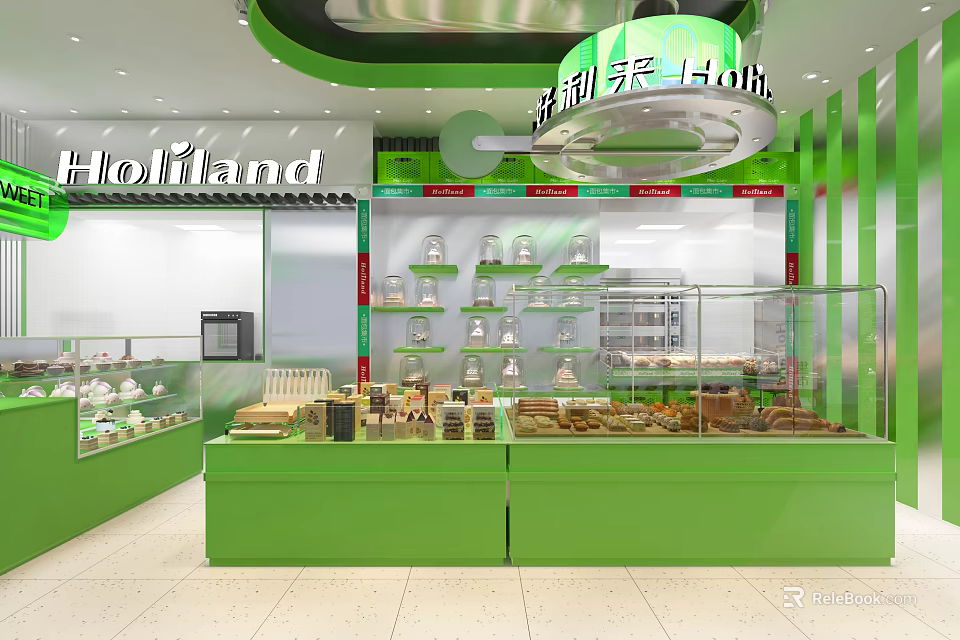 Bright Green Dessert Shop Interior Design With Display Cases And Various Desserts 3d model 