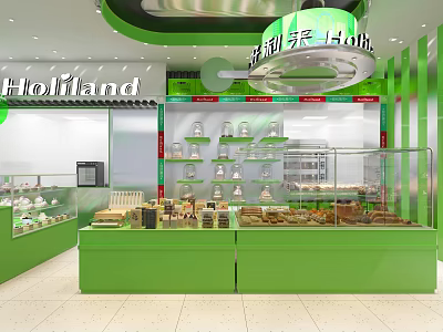 Bright Green Dessert Shop Interior Design With Display Cases And Various Desserts 3d model