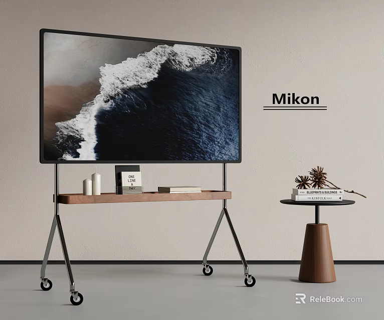 Modern Mikon TV on Rolling Stand with Books Decorative Items and Side Table 3d model 