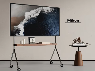 Modern Mikon TV on Rolling Stand with Books Decorative Items and Side Table 3d model