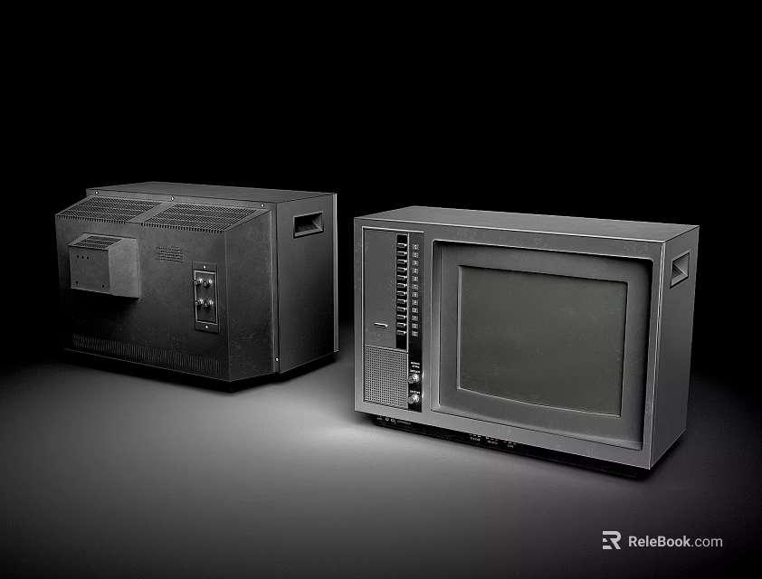 Two Vintage Black TVs of Different Sizes in Retro Style on Dark Background 3d model 