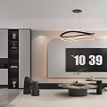 Modern Living Dining Room Interior Design With Gray Sofa Coffee Table Abstract Artwork And Circular Chandelier