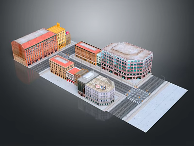 Commercial Street with Mixed Architectural Styles Colorful Buildings and Pedestrian Walkways 3d model