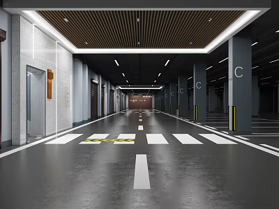 Spacious Modern Underground Parking Lot With White Lines Wooden Ceiling And LED Strip Lights 3d model