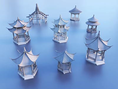 Traditional Chinese Pavilion Models With Various Tiered Roofs And Multiple Styles 3d model