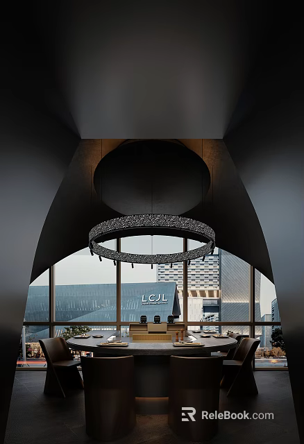Luxurious Private Room With Circular Chandelier Arched Ceiling And City View 3d model 