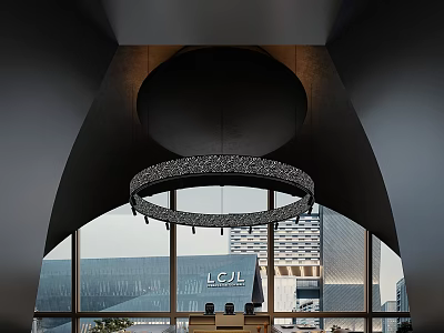 Luxurious Private Room With Circular Chandelier Arched Ceiling And City View 3d model