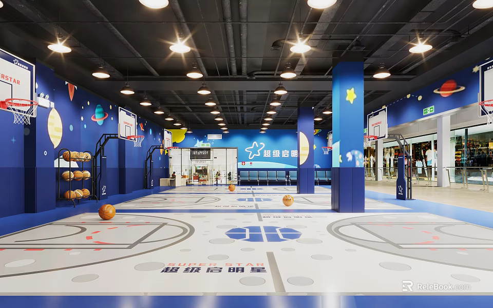 Indoor Basketball Court With Blue Walls Hoops Ceiling Lights And Star Decorations 3d model 