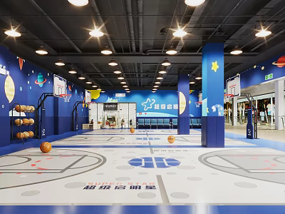 Indoor Basketball Court With Blue Walls Hoops Ceiling Lights And Star Decorations 3d model