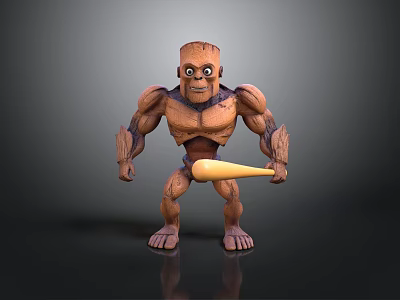 Cartoon Style Muscular Wooden Figure Standing Pose With Rugged Texture Holding Yellow Stick 3d model