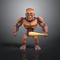 Cartoon Style Muscular Wooden Figure Standing Pose With Rugged Texture Holding Yellow Stick