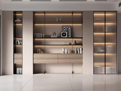 Modern Wooden Bookcase with Glass Door Panels and Layered Storage Shelves 3d model