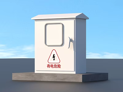 Industrial Outdoor Electrical Control Box With White Enclosure Warning Sign Concrete Base And Blue Sky 3d model