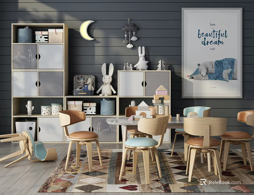 Wooden Children's Table with Chairs Bookshelf Toy Storage and Moon Decor on Blue Wall 3d model 