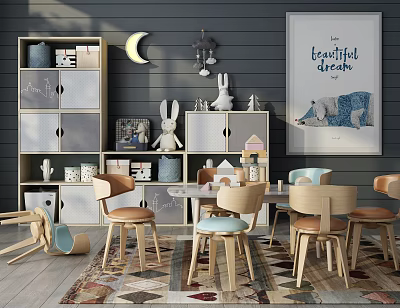 Wooden Children's Table with Chairs Bookshelf Toy Storage and Moon Decor on Blue Wall 3d model