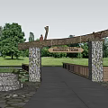 Natural Style Entrance Gate With Log Beam Stone Pillars And Squirrel Tree Sign Surrounded By Trees