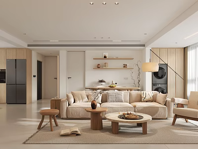 Modern Living and Dining Room Space With Beige Sofa Coffee Table And Decor Shelves 3d model