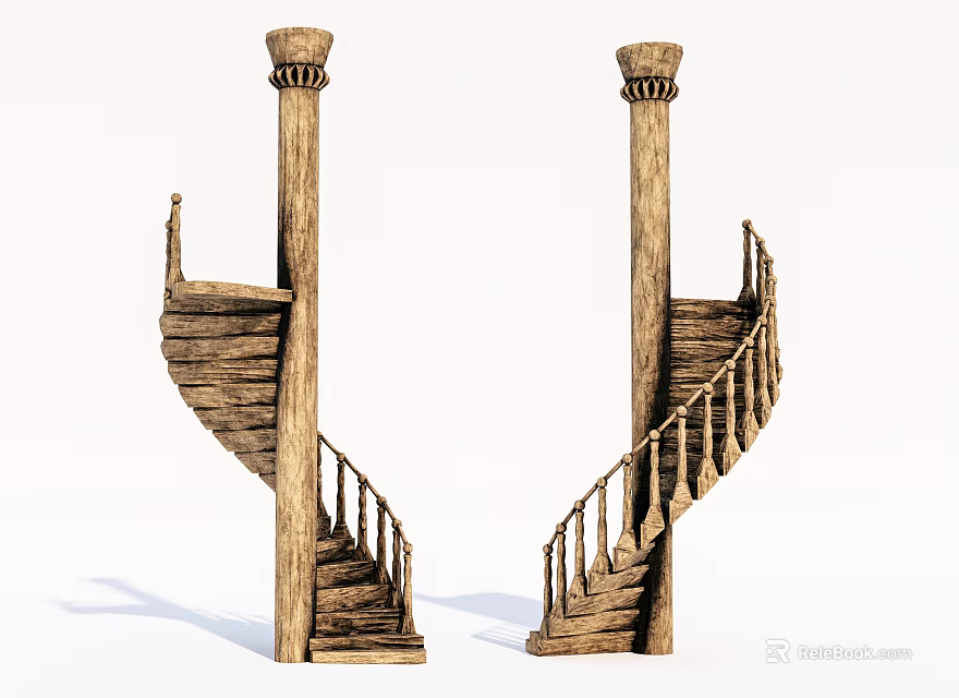 Rustic Wooden Spiral Staircase With Columns Handrails And Steps Design 3d model