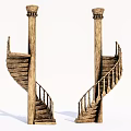 Rustic Wooden Spiral Staircase With Columns Handrails And Steps Design 3d model