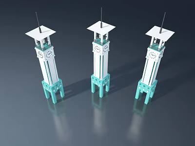 Three White Hinged Doors With Light Blue Carved Structure And Gray Background Reflection 3d model