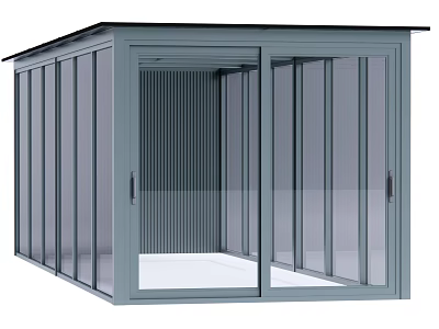 Modern Grey Frame Glass House With Sliding Doors And Transparent Walls 3d model