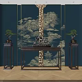 Elegant Console Table With Blue Wall Cloud Pattern Flanked By Potted Plants And Decorative Sculpture 3d model